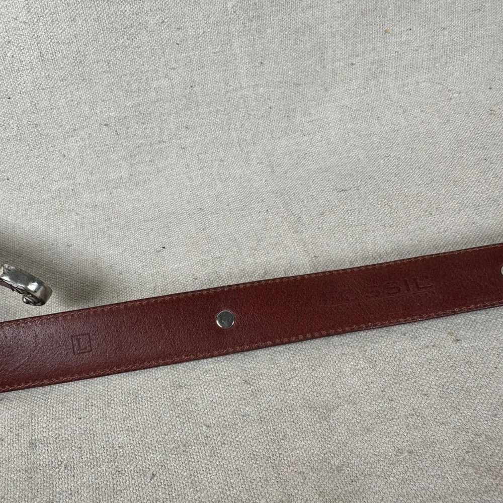 Fossil Womens Brown Leather Western Belt Silver Ornate Concho‎ Buckle Size L